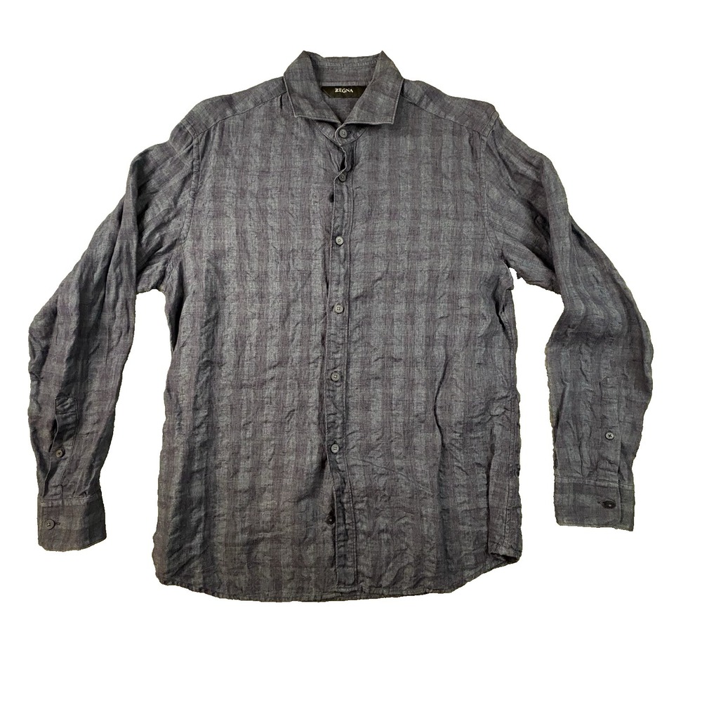 Zegna Men's L Dark Navy & Green‎ Plaid/Windowpane Linen Button Up Shirt SEE DESC